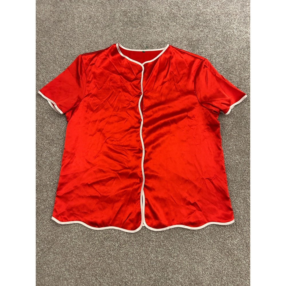 VTG Pajama Top Womens L Red Excellent Satin Short Sleeve Scalloped Hem